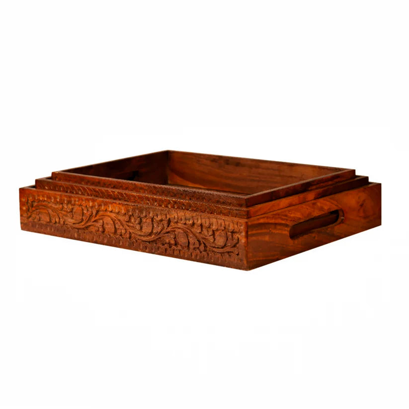 Wooden Tray Set of 3 Carving