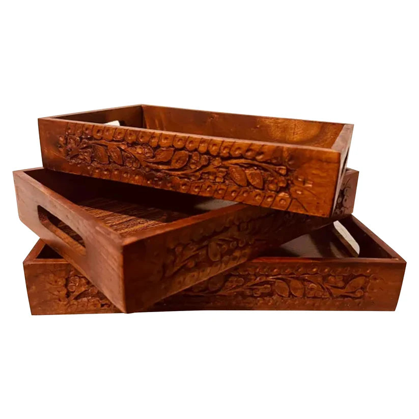 Wooden Tray Set of 3 Carving
