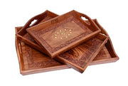 Wooden Tray Set of 3 Carving Brass