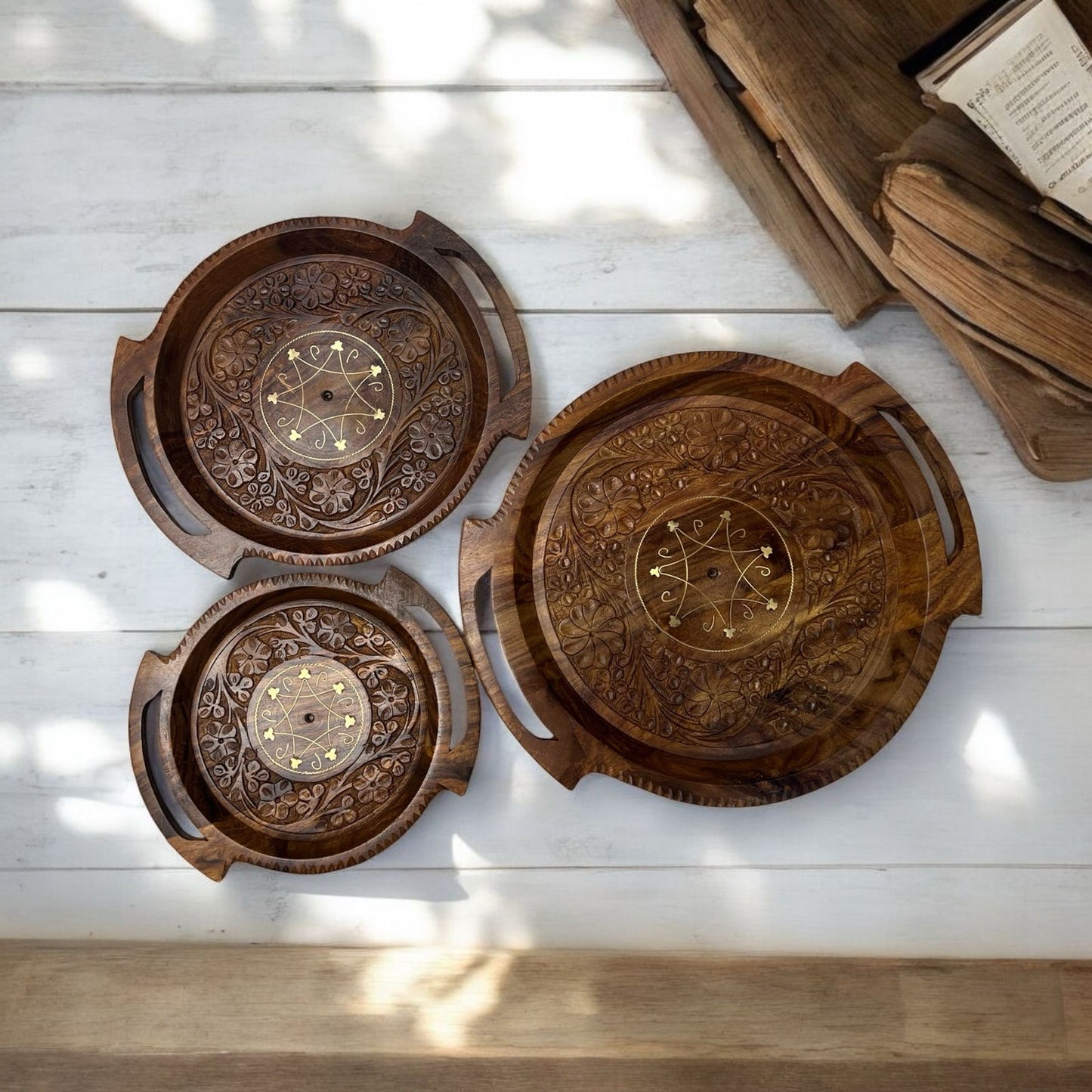 Wooden Tray Set – Gol – Carving – 3 Pieces